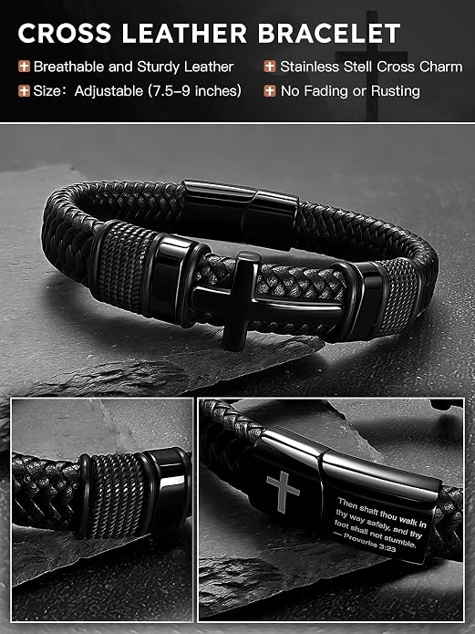 Black Cross Cuff Bracelet for Men,Stainless Steel Braided Leather Bible Verse Bracelet with Joshua 1:9 Inspirational Faith Gift for Dad,Brother,Son,family,Religious Baptism and Confirmation Gifts