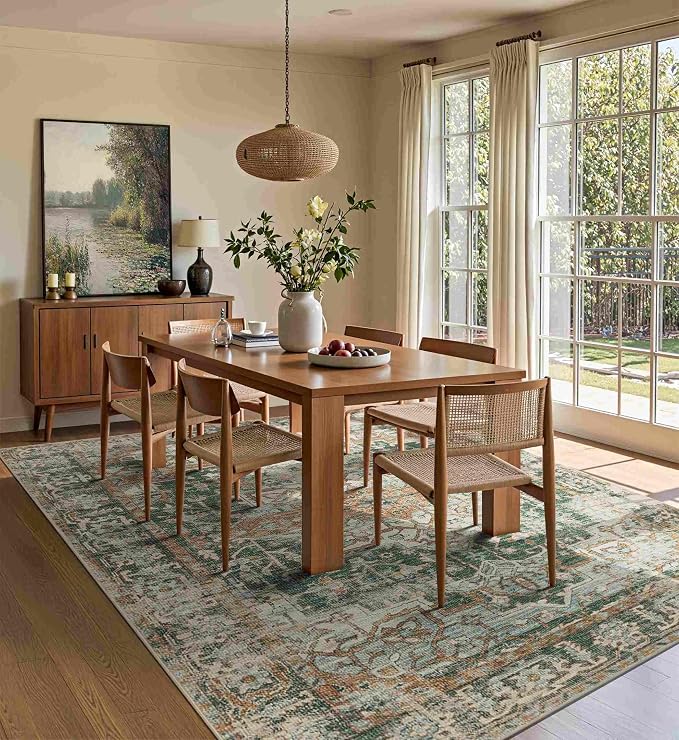 Rugxara Area Rugs 5x7 Washable Rug for Living Room Bedroom, Green/Brown | Non Slip, Rug for Dining Room Office Farmhouse, Stain Resistant, Soft, Vintage Boho Retro Carpet, Low Pile, Home Decor
