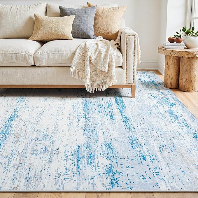 10x14 Area Rugs Washable Rug: Anti-Skid Abstract Modern Living Room Rug Soft Thin Carpets Indoor Floor Non-Shedding Carpet for Bedroom Dining Nursery Home Office (Light Blue/White/Beige,10'x14')