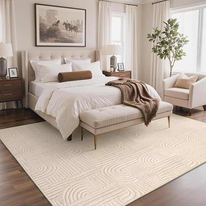 GENIMO Soft Washable Area Rugs 6x9, 3D Modern Arch Pattern Living Room Rug, High-Low Pile Textured Non Slip Fuzzy Carpet, Non-Shedding Stain Resistant Beige Rugs for Bedroom, Dining Room, Nursery