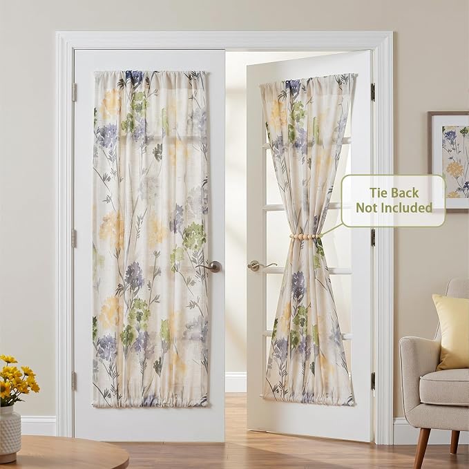 MYSKY HOME Floral Linen French Door Curtains 72 inch Long 2 Panels for Front Door Light Filtering Privacy Semi Sheer Window Curtains with Rod Pocket, Sage Green, 24" W Each Panel