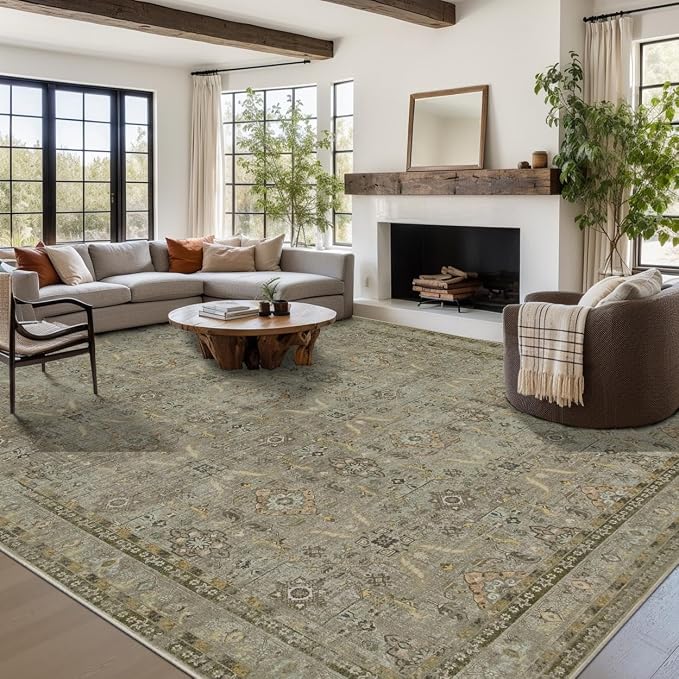 Rugxara 9x12 Area Rugs for Living Room Large Washable Rug, Olive Brown | Non Slip, Rug for Bedroom Dining Room Office, Stain Resistant, Soft, Low Pile, Vintage Boho Retro Carpet, Home Decor