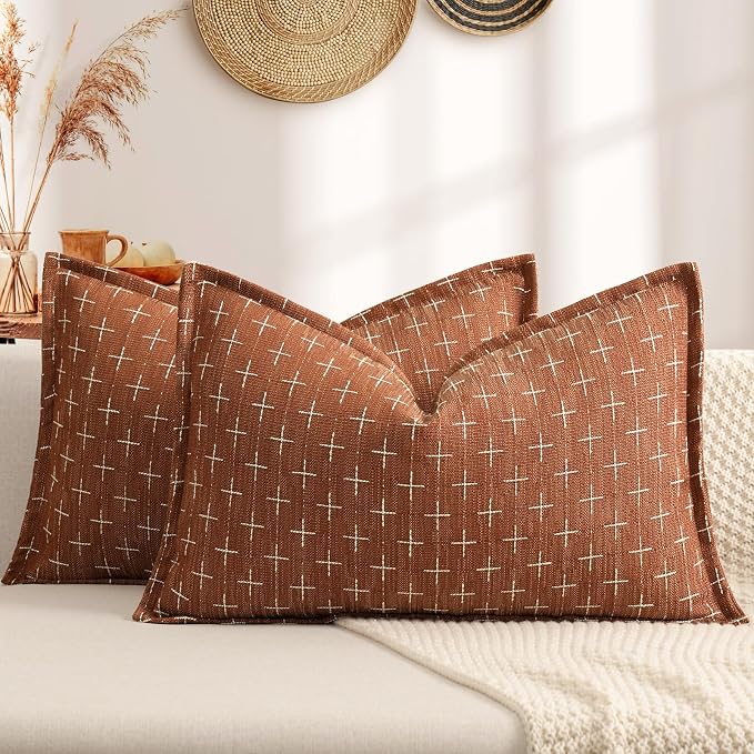 ZWJD Fall Pillow 12x20 Pillow Covers Set of 2 Soft Polyester Textured Rust Pillow Covers with Stylish Flange Edge Cozy Farmhouse Throw Pillows for Couch Bed Sofa Living Room Fall Decor