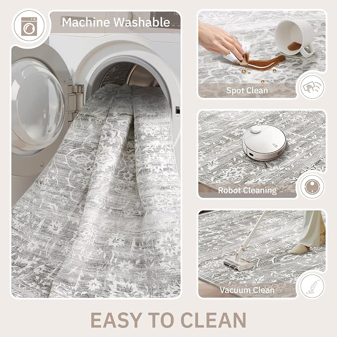 Soalmost 9x12 Area Rugs for Living Room, Washable Neutral Soft Rug Grey | Vintage Floral Non-Slip Low Pile Stain Resistant Throw Large Carpet for Dining Room Bedroom Kitchen Home Office 9'x12'