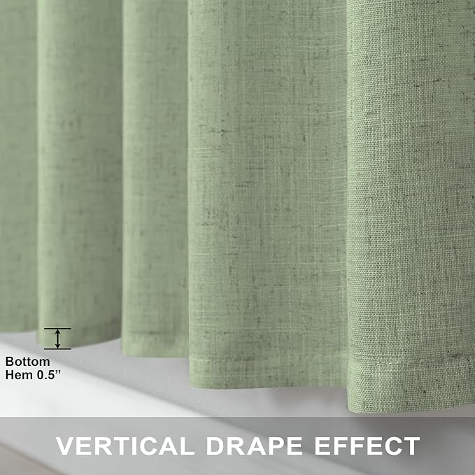 Sage Green Curtains 38 Inch Width for Kitchen Doors 2 Panels Back Tab Rod Pocket Linen Cafe Tier Light Filtering Short Sheer Light Green Curtains for Bathroom Laundry Farmhouse Decor Wide 38x45 Length