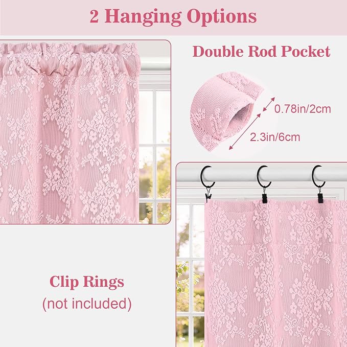 Yinhua Pink Kitchen Curtains 36 Inch Length Double Layer Blackout Curtains for Kitchen Rod Pocket Short Curtain for Windows, Small Window Curtain for Bathroom, Living Room, 2 Panels