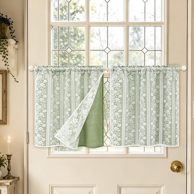 ASPMIZ Linen Kitchen Curtains Double Layer Kitchen Window Curtains Over Sink 24 Inch Sage Green Tier Curtain Light Filtering Rod Pocket Cafe Curtain Short Window Treatments with 2 Tiebacks, 26x24
