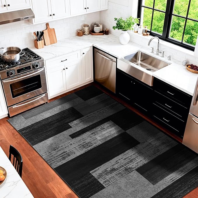 LIANLAM 3x5 Washable Area Rugs for Living Room and Bedroom(3x5,Black&Gray) | Non-Slip Small Carpet,Vintage Checkered Pattern, Stain Resistant Faux Wool Low Pile Soft Rug for Dining Room,Office,Nursery