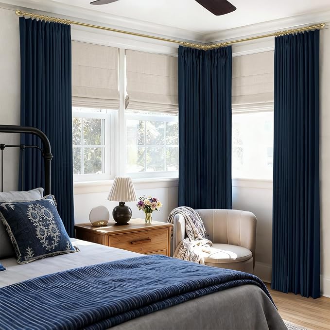 CAPALOCA Navy Blue Linen Pinch Pleated Curtains Blackout, 100% Black Out Curtains 108 inch Long for Bedroom, Blackout Thermal Insulated Pinch Pleated Drapes for Living Room, 40" W x 108" L, 2 Panels