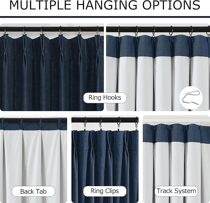 Vision Home Navy Blue Pinch Pleated Full Blackout Curtains Linen Blended Room Darkening Window Curtains 102 inch for Living Room Bedroom Thermal Insulated Pinch Pleat Drapes with Hooks 60" Wx102 Lx1
