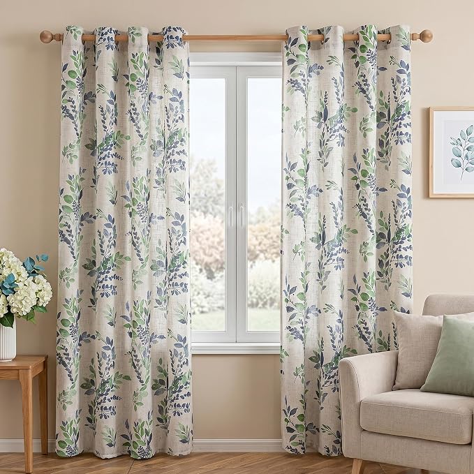 MYSKY HOME Linen Sheer Curtains for Living Room Leaf Patterned Semi Vertical Drapes Decor Farmhouse Style Texture for Dining Room Light Soften Privacy, Green, W52 x L84, Pack-2