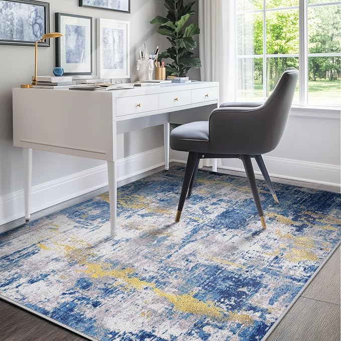 RELEANY Washable Area Rugs 5'x7' Non-Slip Modern Abstract Soft for Living Room Entryway Bedroom Kitchen, Print Pattern, Grey Blue Gold/Golden