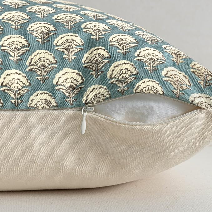 MIULEE Set of 2 Decorative Floral Pillow Covers Neutral Vintage Throw Pillows Block Print Boho Farmhouse Cushion Covers for Modern Spring Home Decor Couch Sofa Bed Living Room, 22x22 Inch, Lake