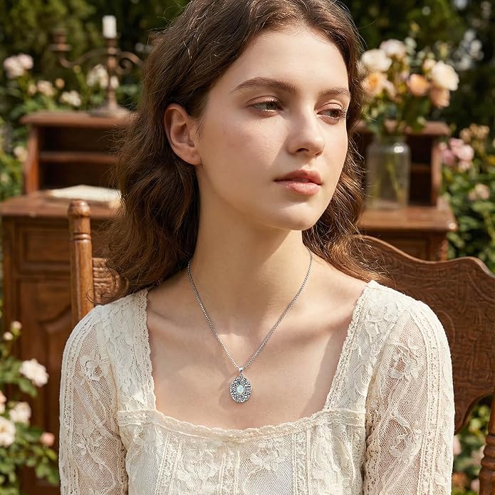 Sterling Silver Locket Necklace for Woman Vintage Opal Locket Necklace That Holds Pictures Always in My Heart Photos Daisy Flowers Locket Jewelry Gifts