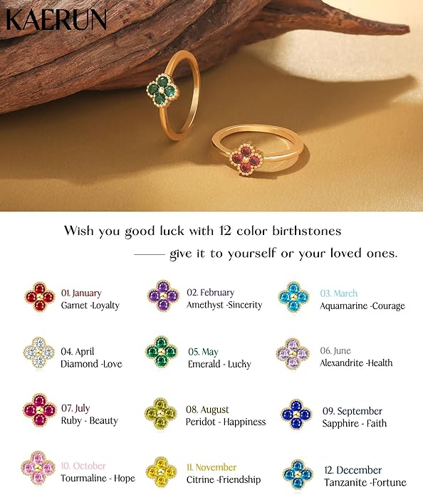 KAERUN Clover Birthstone Gold Rings for Women Non Tarnish 14K Gold Plated Stackable Thumb Ring Dainty Clover CZ Gemstone Emerald Engagement Rings Wedding Band Jewelry for Birthday Gifts Size 6-10