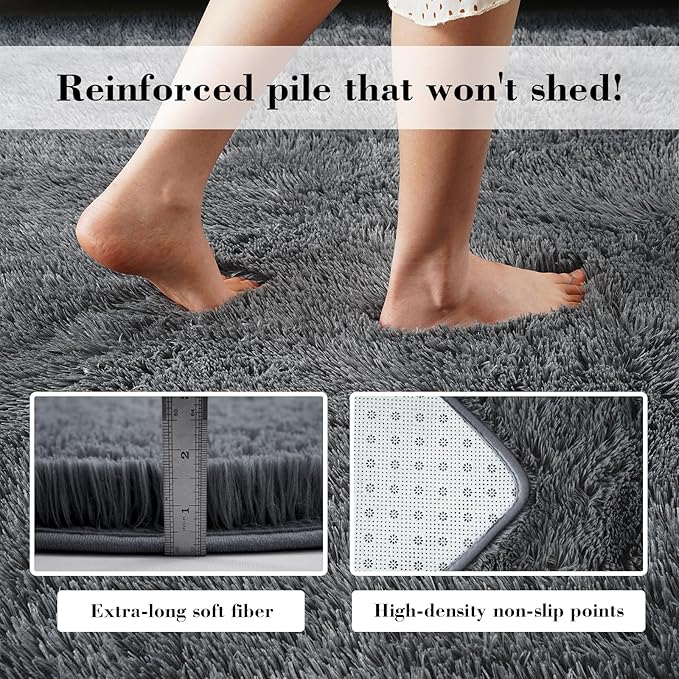 Fluffy Rug Shag Area Rug, Grey 4x6 Area Rugs for Bedroom, Small Bedside Rug, Soft Fluffy Shag Entryway Throw Rugs for Living Room Bedroom Room Home Decor
