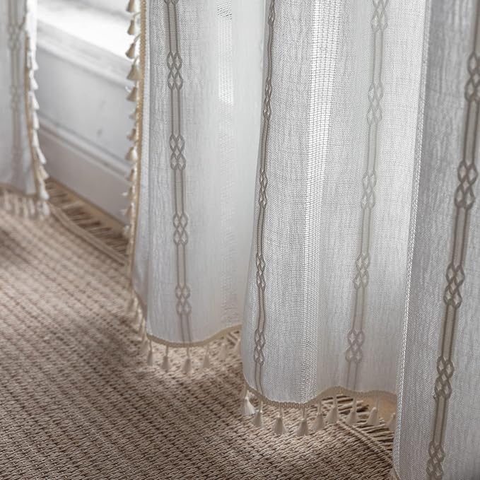 Boho Linen Curtains - 96 Inch Long, 2 Panel Off White Country Farmhouse Curtains for Bedroom & Living Room - Light Filtering Rod Pocket Drapes (52" W x 96" L, White)