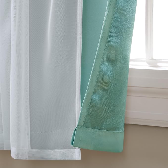 TOWN & COUNTRY LUXE Talia Double Layer Indoor Curtains, Sheer and Room Darkening Blackout, Grommet Top, Energy Efficient, 2-Pack Set, 52"x96", Turquoise