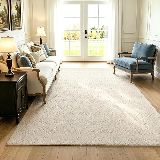 SHACOS Soft Fluffy Arch Waves Pattern High-Low Textured Area Rug 9'x12' | Cozy Large Non Slip Washable Minimalist Modern Graphic Rainbow Carpet for Living Room Bedroom Dining Room, Cream