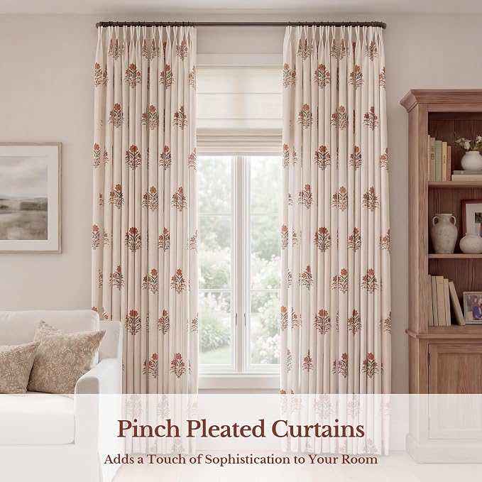 Pinch Pleated Curtains Light Filtering Red Floral Curtains for Living Room Bedroom Dining Room 120 Inches Luxury Linen Drapes Farmhouse Window Curtains with Hooks - 2 Panels Set, 40" x 120"