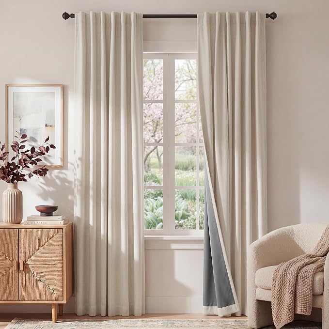 RYB HOME Warm Sand 100% Blackout Curtains for Bedroom, Linen Drapes Back Tab&Rod Pocket, Thermal Insulated Privacy Assurd Curtains for Sliding Glass Doors/Dining/Living Room, W52 x L108, 2 Panels