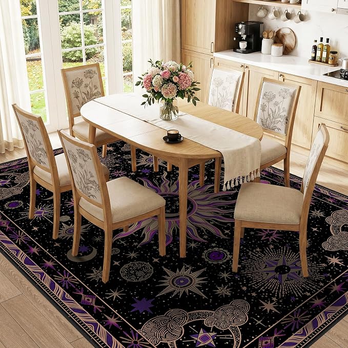 Vacuum-Friendly, 9x12 Washable Area Rug, Black Purple Beige | Sun and Moon Boho Gothic Non-Slip Low Pile Living Roon Bedroom Dining Room Kitchen Entry Entryway Entrance Hallway Doormat