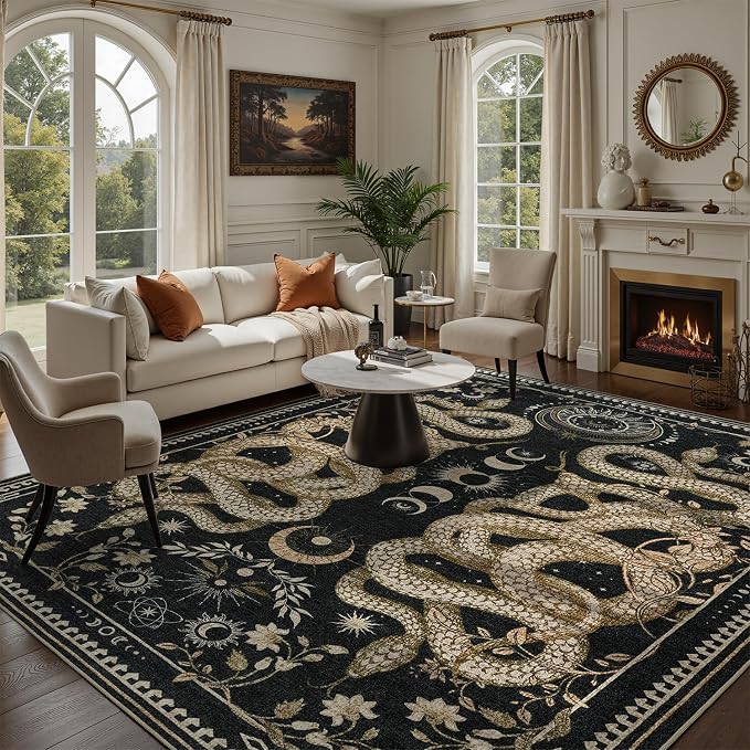 DCX Washable 7x9 Snake Rug, Black Gothic Rug for Living Room, Soft Low Pile Carpet, Kid & Pet Friendly with Rubber Back Non Slip, Stain Resistant Rug for Bedroom Dining Room Office