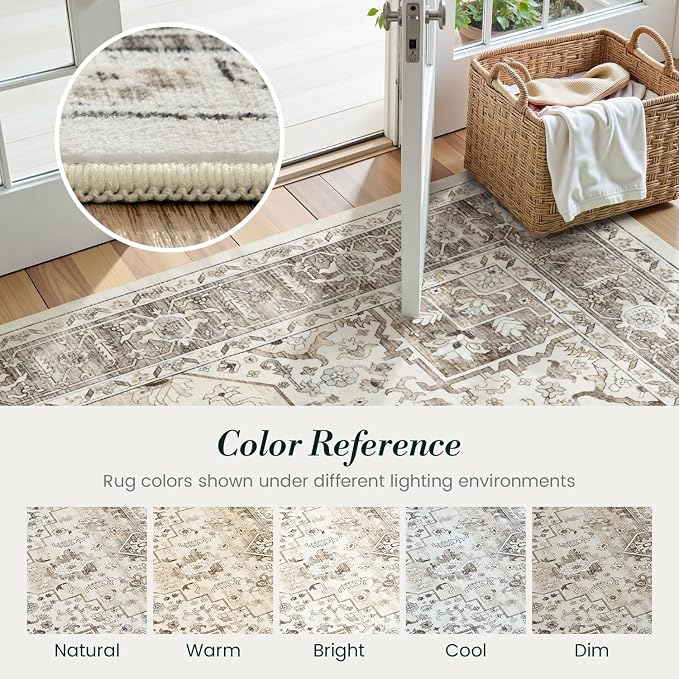 Neutral Camel 8x10 Rug for Living Room - Large Vintage Farmhouse Eclectic Brown Medallion Carpet, Washable Low Pile Non-Slip Area Rug for Dining Under Table, Bedroom, Office, Nursery, Lounge