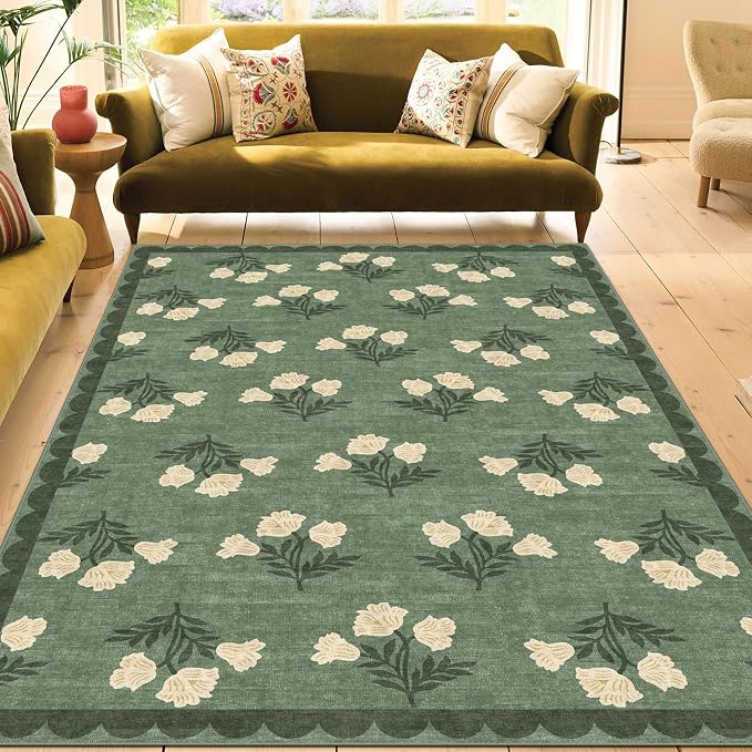 Green 5x8 Living Room Area Rug - Washable Boho Floral Scalloped Bedroom Rug Stain Resistant Dining Room Rugs for Under Table Non Slip Vintage Modern Farmhouse Rugs for Bedroom Nursery Decor