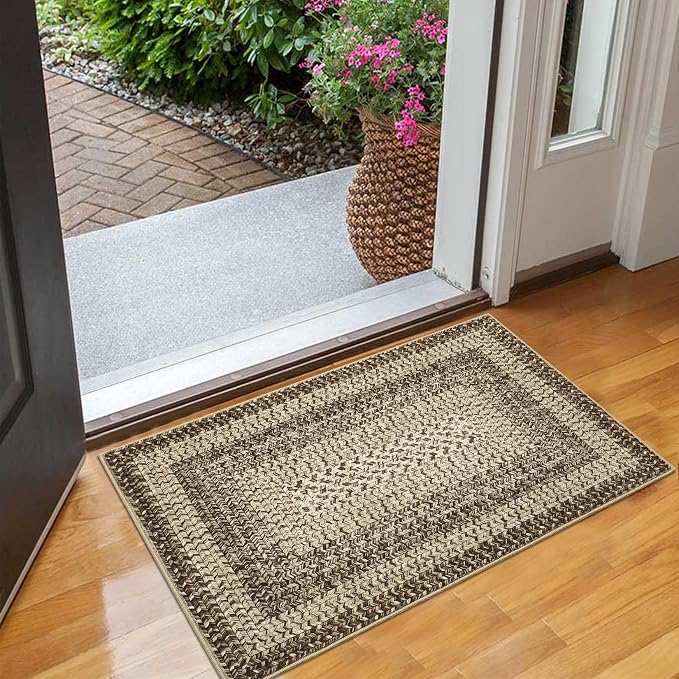 RUGSREAL Entryway Rug 2x3 Small Bedside Throw Mat with Rubber Backing Machine Washable Living Room Rug Non Slip Bathroom Mat Stain Resistant Braided Print Carpet for Dining Room Kitchen Hallway, Camel