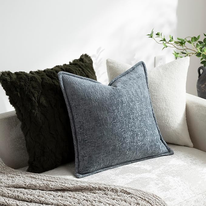 DEZENE Pack of 2 Dusty Blue Decorative Throw Pillow Covers 24x24 Cozy Soft Chenille Accent Vintage Square Couch Pillow Covers for Home Decor Bed Sofa Living Room