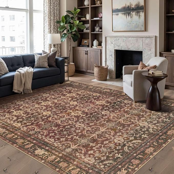 Rugxara Red 6x9 Area Rugs Washable Rug for Living Room Dining Room Bedroom | Non Slip, Oriental Rug for Office Farmhouse Kids Room, Stain Resistant, Soft, Low Pile, Vintage Boho Floral Retro Carpet