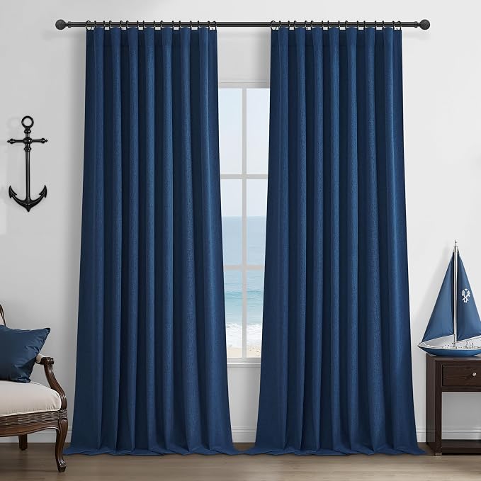 Navy Blue Blackout Curtains 120 Inch Length for Boys Rooms/Bedroom, Floor to Ceiling Track Pleated Drapes with Hooks Linen Thermal Coastal Curtain Dark Blue Window Burg 50"Wx120"Lx2Panels Back Tab