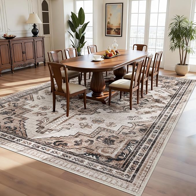 Joydeco 9x12 Area Rugs for Living Room, Non Slip Machine Washable Vintage Rug, Low Pile Chenille Print Rugs for Bedroom, Dining Room, Home Office, Pet & Child Friendly, Light Coffee