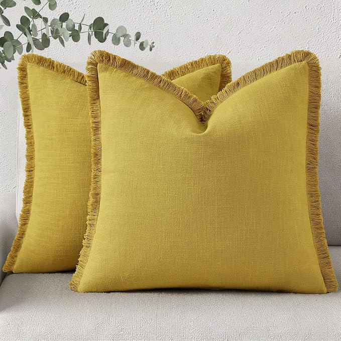 decorUhome Linen Fringe Mustard Yellow Throw Pillow Covers 20x20 Set of 2 | Decorative Soft Accent Modern Boho Farmhouse Cushion Covers with Tassels Cotton Pillow Covers for Couch Bed Sofa