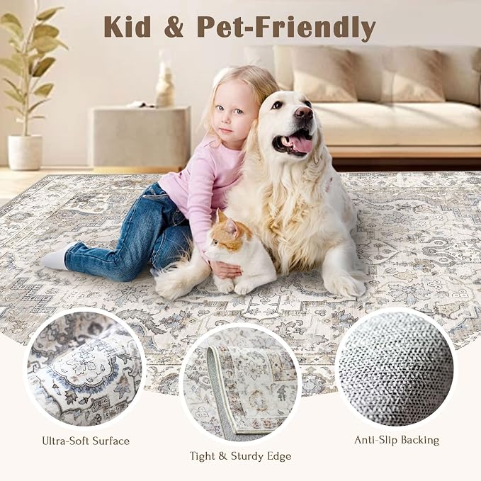LUXRUG Washable Area Rug 8x10 - Large Cream Boho Rugs for Living Room Soft Vintage Bedroom Rug Ultra-Thin Farmhouse Oriental Distressed Carpet Non Slip Rug for Dining Room Guest Room Home Decor