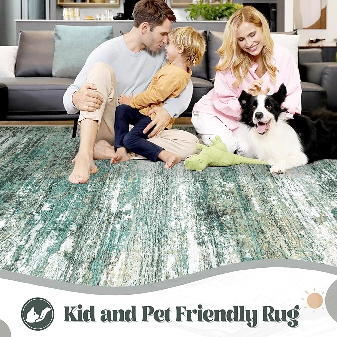 XLUEZ 9x12 Area Rug for Living Room, Washable Modern Abstract Large Area Rug Neutral Soft Non Slip Kids Rug Stain Resistant Indoor Carpet for Bedroom Dining Room Playroom Office(Green, 9'x12')