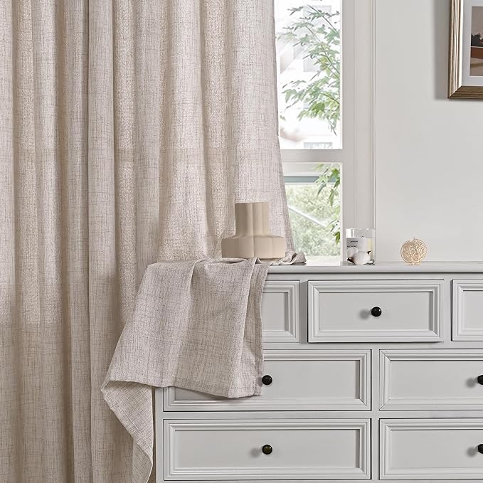 YoungsTex Short Linen Curtains 48 Inches Length for Small Window, Light Filtering Drapes with Bronze Grommet Textured Sheer Privacy for Kitchen Bathroom, 34 x 48 Inch, 2 Panels