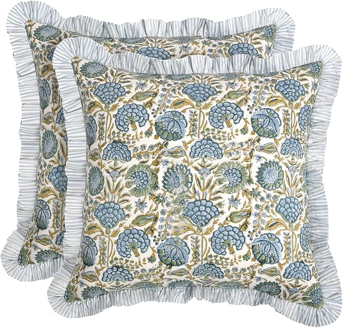 Ridhi Block Print Asparagus Green Throw Pillow Cover 20" x 20" (Pack of 2) Decorative Cushion Covers with Ruffle for Couch, Sofa, Bed, Living Room, Home Decor Gift for Spring, Easter, Valentine