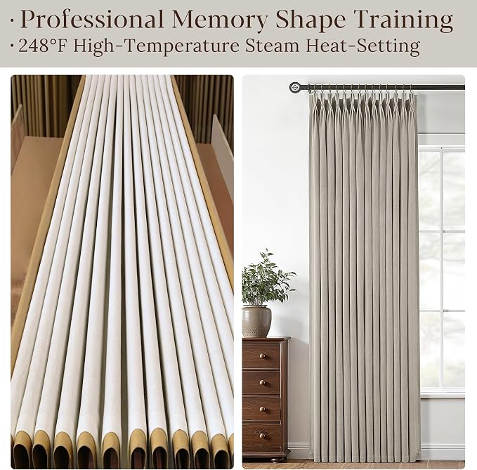 Grey Beige Pleated Linen Curtains 100 Inch Length 2 Panels Set Semi Sheer Light Filtering Tan Brown Window Drapes for Living Room Modern Viral Pinch Pleated Curtains 100 Inches with Hooks Rings Clips