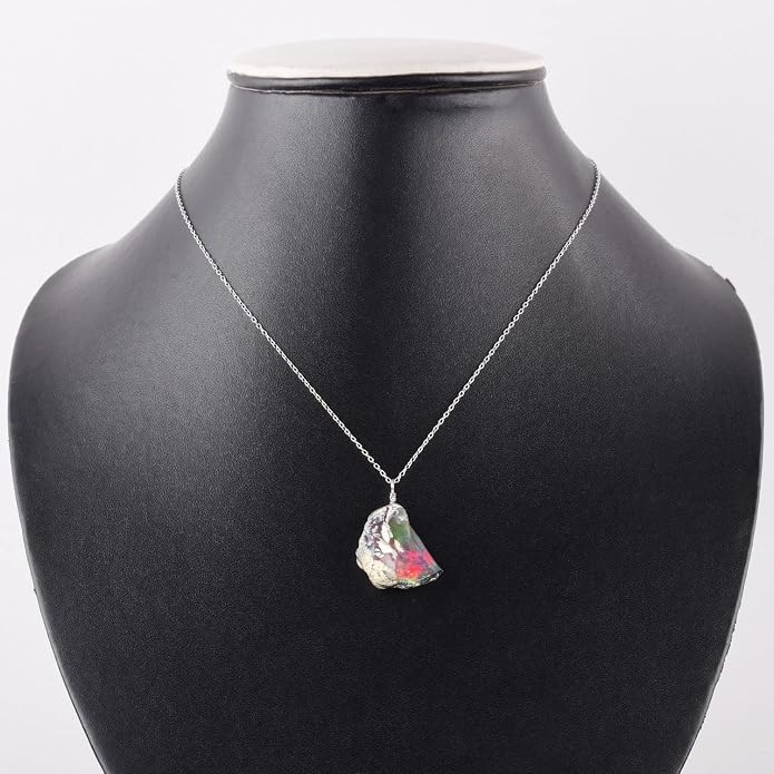 Ultra Fire Raw Ethiopian Opal Rough Dainty Pendant Necklace For Women, Healing Chakra Crystals, Handmade October Birthstone Jewelry, 925 Silver Chain 18 inch, Wedding Gift