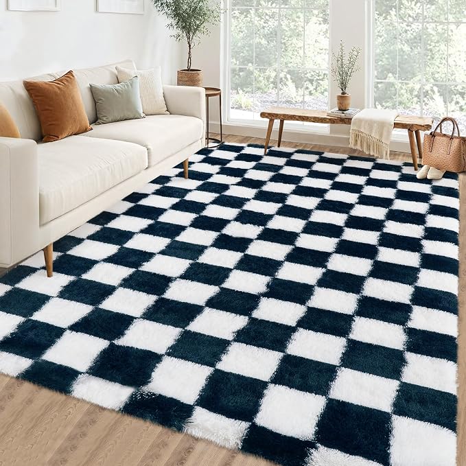 Garvee Checkered Area Rug 10x13 Large Rug Thick Super Soft Shaggy Rugs Fluffy Carpet Fluffy Fuzzy Shag Washable Rugs for Living Room Nursery Bedroom Luxury Playroom Teen Plush Carpets,Blue-White