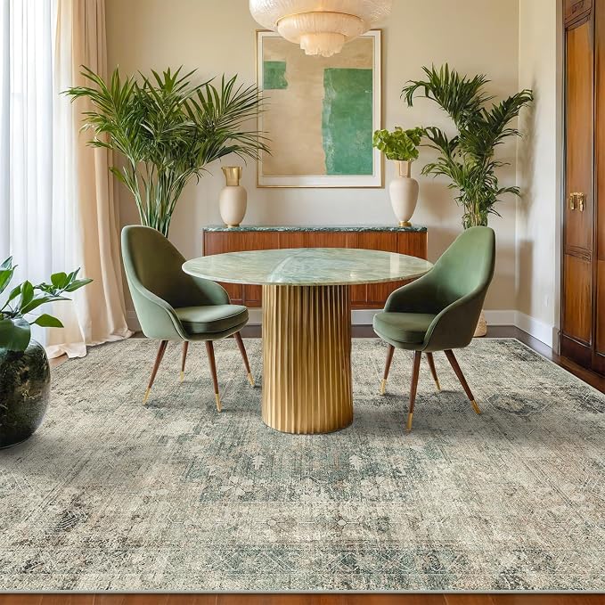 Hazo Haus Neutral Dark Rugs for Living Room - 6x9 Washable Rug for Dining Room Table, Bedroom Under Bed, Ultra-Thin Soft Textured Moss Green Indoor Decor