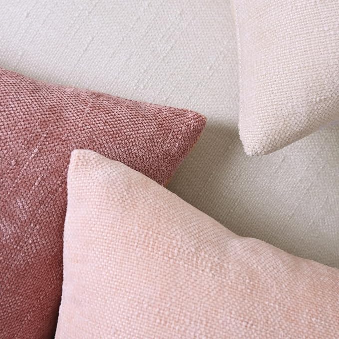 Set of 4 Soft Textured Decorative Throw Pillow Covers 18x18 Inch Cozy Farmhouse Cushion Cover Square Accent Pillow Cases for Bed Couch Sofa Living Room, White Beige Pink