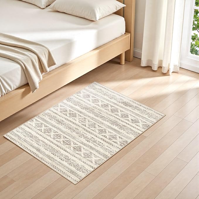 Tortania Area Rug Living Room Rugs - 3x5 Washable Soft Neutral Boho Moroccan Farmhouse Mat Indoor Floor Carpet for Bedroom Under Dining Table Home Office Decor - Brown