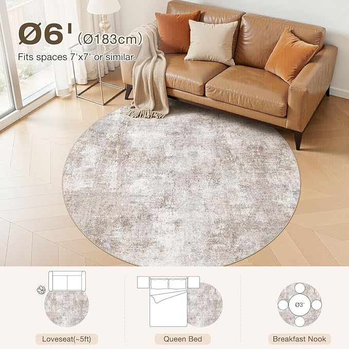6Ft Round Area Rug for Living Room, 6x6 Washable Rugs Non-Slip Soft Large Modern Abstract Pattern Low Pile Carpet for Bedroom Indoor Floor Nursery Home Decor - Brown