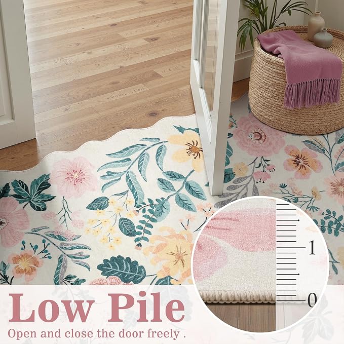 DCX Pink Floral Rug 3x5, Washable Pink Rug for Living Room, Kid & Pet Friendly with Rubber Back Non Slip, Soft Low Pile Carpet, Stain Resistant Rug for Bedroom, Nursery, Dining Room