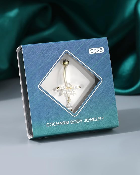 COCHARM 14K Gold Plated Belly Button Ring 14G 10MM Dangle Belly Navel Rings for Women Surgical Steel Navel Barbell Piercing Jewelry