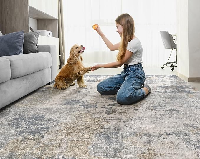 UERMEI 7x10 Area Rug Living Room Rugs - Washable Neutral Modern Abstract Soft Thin Large Rug Indoor Floor No Slip Rug Carpet for Bedroom Under Dining Table Home Office Decor - Blue Grey