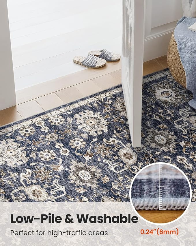 AMADA HOMEFURNISHING 2x6 Washable Runner Rug, Low-Profile Kitchen Rugs with Non-Slip Backing & Durable Edge Binding, Vintage Entryway Runner Rug for Bedroom & Hallway